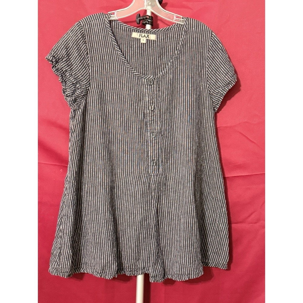 Flax Linen Black & Gray Striped A-line Popover Tunic Top S (A3241)
